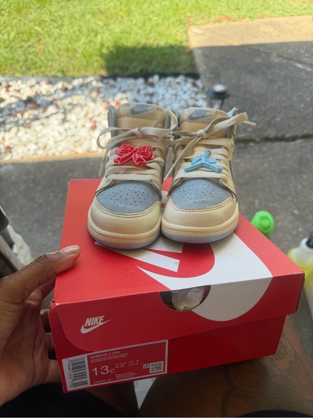 Jordan Kids High-Top Sneakers in Beige and Light Gray with Red & Blue Accents